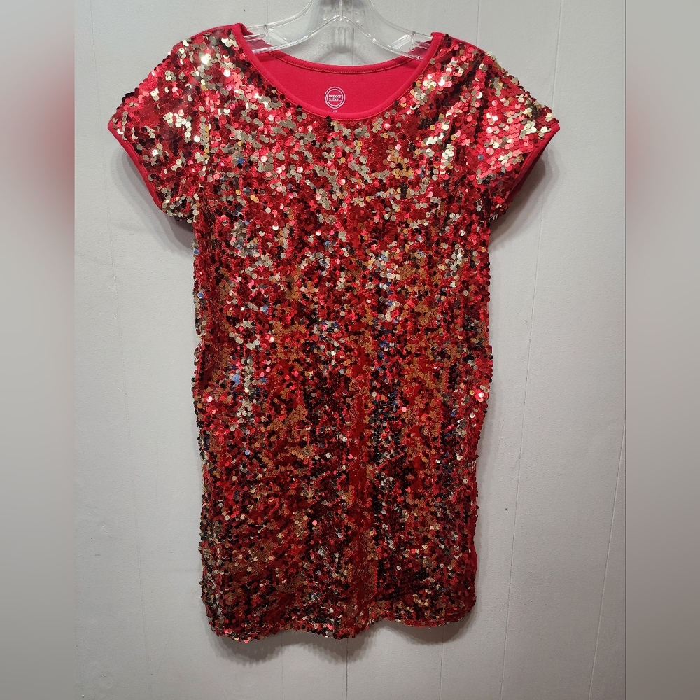 Wonder Nation‎ Red Sequin Dress Large 10 - 12 Girl's Short Sleeve C3